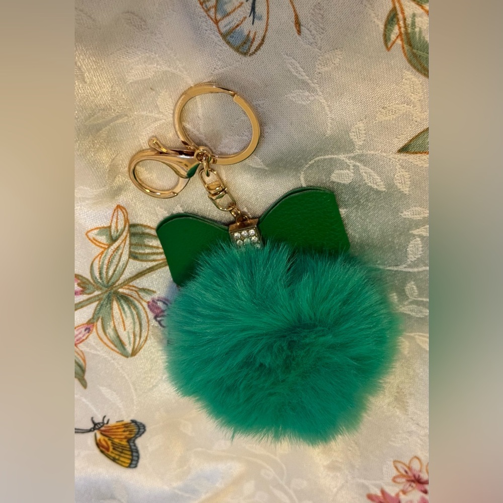 Faux Fur Green Pom Pom with Bow and Rhinestones Keychain/Bag Charm NWT